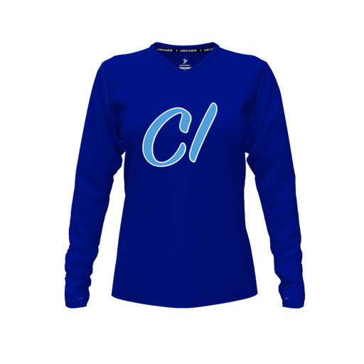 [CUS-DFW-TEES-CMF-VNK-LSL-RYL-FYXS-LOGO3] Decker Comfort T-Shirt (Female Youth XS, Royal, V Neck, Logo 3, Long Sleeve)
